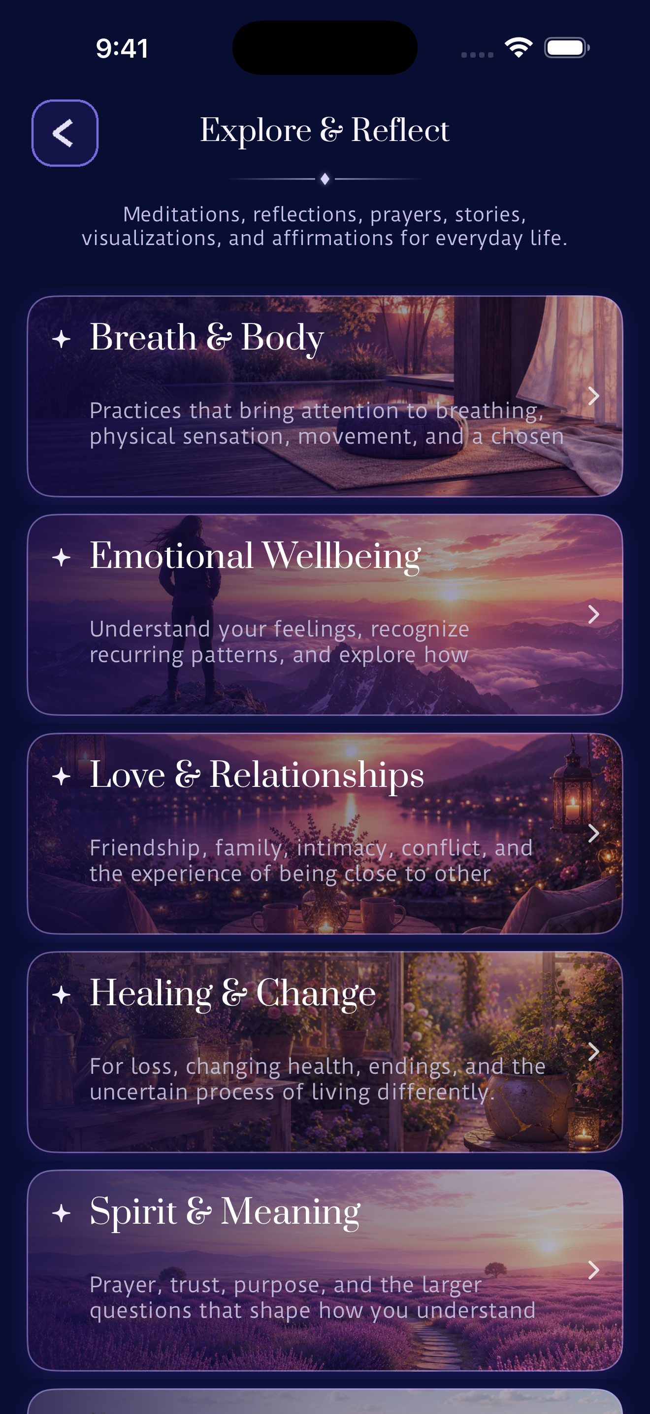 Dear Friends Explore and Reflect screen with themes for emotional wellbeing, relationships, change and meaning
